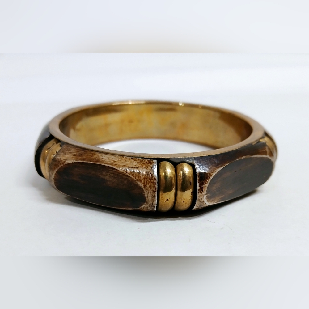 Vintage Retro  Gold Tone and Brown Woid Bangle Bracelet